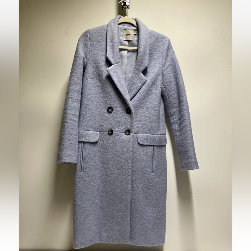 asos woll blue doubble breasred coat size 2.